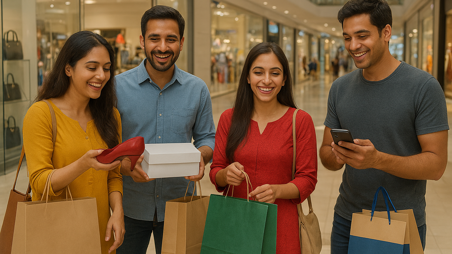 Four friends shopping in a mall, holding bags and smiling.